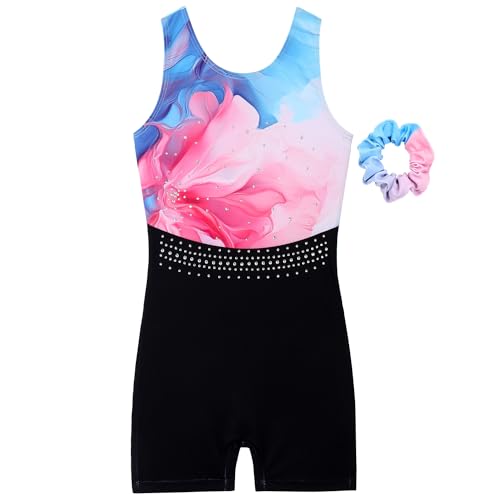 Image of MODAFANS Leotards for Girls Gymnastics with Shorts Dance unitards Tumbling Biketards with Hair Scrunchie for3-13T