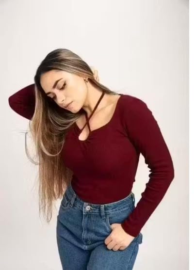 Image of Gampy Women's Lavender Long Sleeve Top, Criss-Cross Neck Design, Ribbed Knit Fitted Casual