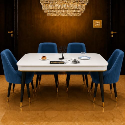Image of WOODEN SPACE 4 Seater Wooden Dining Table Set | Urban Marble Top Dining Table with Chairs for Dining Room & Kitchen (Modern Infinity Blue) (54 x 36 x 30 inch)
