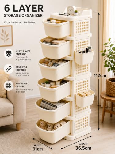 Image of KITCHIVO 6 Layer Multipurpose Plastic Storage Drawer Organizer with Top Tray & Side Hanging Basket for Kitchen, Bathroom, Bedroom, Office, Makeup, Cutlery & Home Organization