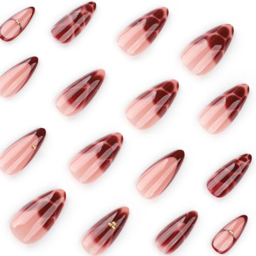 Image of Red Press on Nails French Tip Fake Nails Medium Almond Nails Flower Nails | Floral Design Burgundy Figure Stick on Nails Reusable Nude Glossy Full Cover Nails Press ons for Women Manicure 24Pcs
