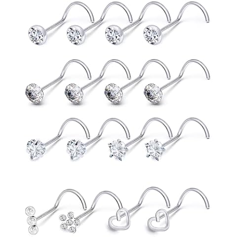 Boernfnso 20G Corkscrew Nose Rings Stud Surgical Steel Cubic Zirconia Nose Studs Heart-Shaped Nose Studs for Women Men Curved Screw Stud Nose Piercing Jewelry 2mm Cover