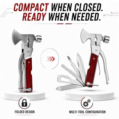 Image of HELLARO Hammer Tool Kit Portable 12 in 1 Multi Utility Multifunction Stainless Steel Hammer Tool Kit Knife Axe Bottle Opener Nut Car Safety Tool Kit