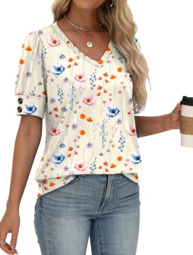 Image of OFEEFAN Womens Tops Short Sleeve Shirts Buttons V Neck Spring Fashion Summer Outfits Plus Size Blouses Dressy Casual
