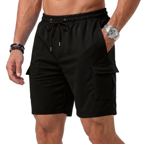 Image of GDOKKNY Men’s Lightweight Cargo Shorts Elastic Waist Multi Pockets Durable Casual Work Outdoor Hiking Short (UK, Alpha, S, Regular, Regular, Black)