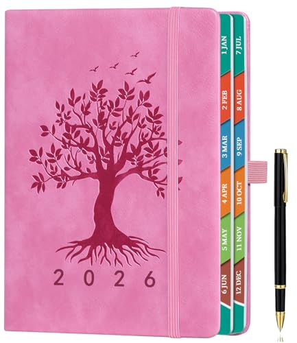 ZXHQ 2026 Diary A5 Page a Day, Jan-Dec, Tree of Life Design, Full Year Daily Planner with Monthly View, UK Holiday, Colorful Tabs, Pen Set and Fine Inner Pocket, 5.9" × 8.5"- Pink