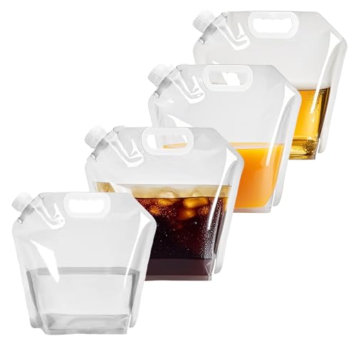 4 Pack Collapsible Water Jugs, 1.3/2.6 Gallon - BPA Free Clear Plastic Water Bag with Handle for Camping, Emergency, Hiking - Leakproof Freezable Collapsible Water Container Bags(4 x 5L)