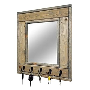 Millwood Mirror with Hooks 20 Stain Colors–Wall Hook Rack Entryway Organizer Entryway Decor Decorative Mirror Farmhouse Rustic Decor Shown in Weathered Oak Stain