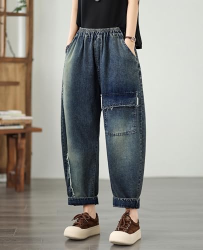 LAI MENG FIVE CATS Women's Baggy Jeans Pattern Elastic Waist Casual Harem Pants Barrel Denim3