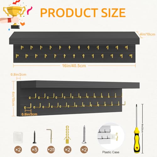 Image of Medal Hanger Display and Trophy Shelf Organizer, Wooden Wall Mount Ribbon Holder with 25 Steel Hooks, Race Awards Storage Rack Stand for Sports Enthusiasts