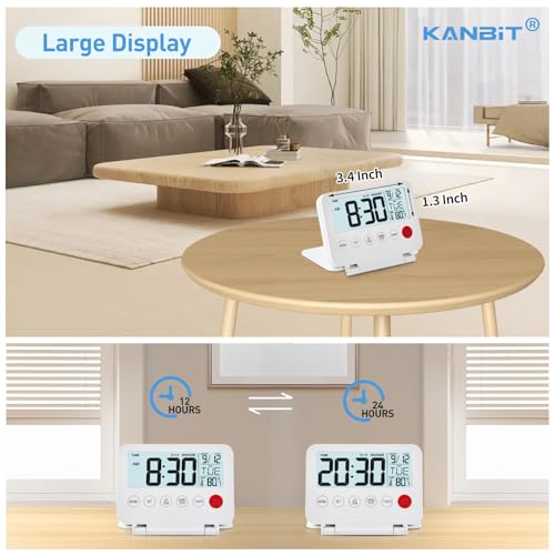 Image of KANBIT Small Digital Travel Alarm Clock, Large LCD Display Front Button with Date & Temperature, Snooze and 8 Seconds Backlight AAA Battery Operated Desk Clock for Home & Office, White