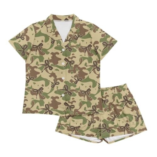 Image of Renewold Button Down Womens Pajama Set Short Sleeve Loungewear Bow Nightwear Sleepwear Night Suit Tops Shorts 2 Pieces