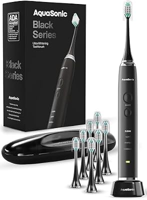 Aquasonic Black Series Ultra Whitening Toothbrush – ADA Accepted Electric Toothbrush- 8 Brush Heads & Travel Case – 40,000 VPM Electric Motor & Wireless Charging - 4 Modes w Smart Timer