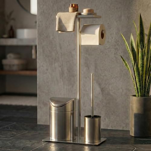 NIDDAPP Portarrollos Papel Higiénico de Pie y Escobillero - Set 4 en 1 con Papelera de Baño y Escobilla WC Incluidos - Soporte con Base Pesada Antivuelco (3kg), Acero Inoxidable y Sin Taladro - imagen 2
