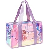 Fammart Iridescent Clear Beach Bag for Women, Large Pool Tote Cruise Vacation Essentials - Waterproof, Sandproof, Zipper Closure