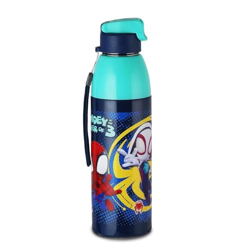 CELLO Kidzbee Uranus 600 Inner Steel Insulated Kids Water Bottle, 540 ml, Turquoise | 3D Touch & Feel Web Warriors Design | Leakproof Flip Top Spout, Easy to Carry | Cold Water Bottle for Kids School