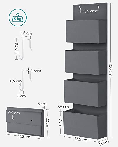 SONGMICS Portaoggetti da Appendere con 4 Tasche, Organizzatore da Porta e Parete, per Camera da Letto, Soggiorno, Ufficio, 12 x 33,5 x 100 cm, Grigio RDH04G - Immagine 1