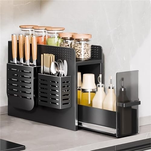 Spice Rack Organizer - 2 Layer Pull Out Storage for Seasoning Bottles - Narrow Counter Corner Storage Solution - Multi-Purpose Kitchen Countertop Organizer