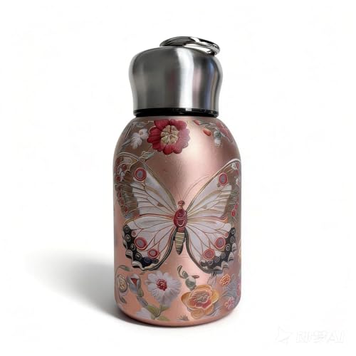 Image of CETLO Butterfly Mini Water Bottle 300ml Small Portable Stainless Steel Vacuum Insulated Tumbler Cup for Boys, Girls, School, Office Double Wall Leakproof Hot & Cold Thermal Flask