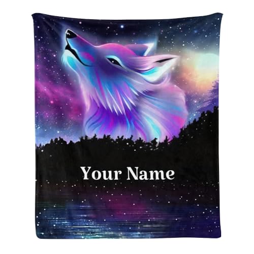 Custom Throw Blanket with Your Name Text,Personalized Galaxy Wolf Fantasy Super Soft Fleece Blanket for Couch Sofa Bed (50 X 60 inches)