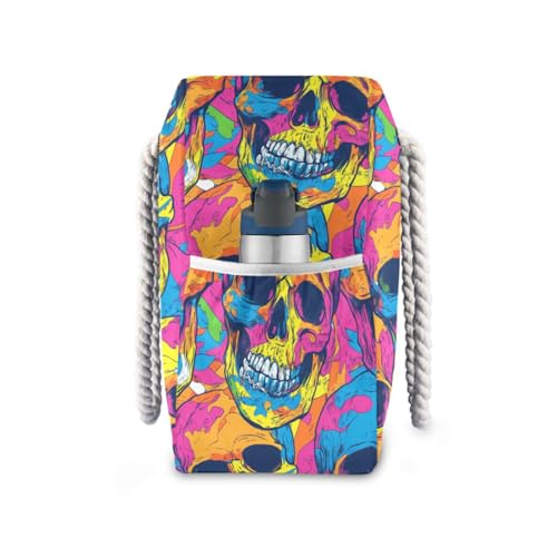 Skulls Dancing Colorful Sturdy Large Tote Bags with side pocketes Extra Large Weekender Perfect for Travel Pool Swim Beach Vacation Necessities3