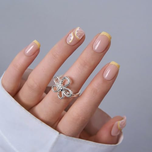 Image of CurvLife Soft Gel Squoval Press-On Nails Short, Reusable Fake Nails with Glue & Adhesive Tabs, 30PCS Salon-Quality Stick-On Nails for At-Home Manicure (Lemon Glaze)