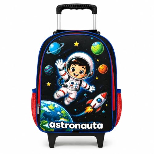 Mochila Escolar Infantil de Rodinhas Astronauta Masculina Reforçada