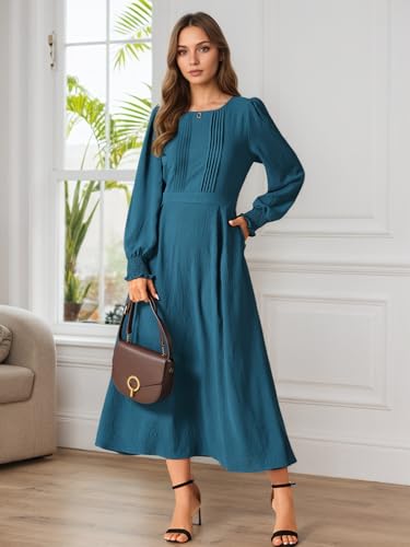 Image of Seta T Women's Fall Dress Frilled Long Sleeve A-Line Casual Midi Dresses