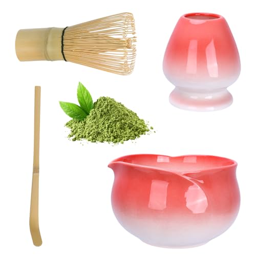 HOBEYO Matcha Set, Matcha-Set Rot, Blütenblattform Matcha-Schüssel mit Ausgießer, Matcha-Rührer und Ständer, Matcha-Löffel… – Ansicht 1