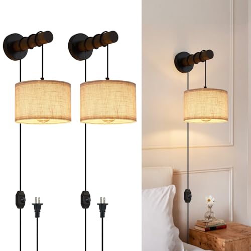 Image of XSDeTu Plug in Wall Sconces Set of 2, Farmhouse Wall Lamp with 5.9FT Plug in Cord, Dimmable Hanging Wall Lighting with Fabric Shade, Adjustable Wall Mount Lights for Bedroom Living Room, Wooden Arm