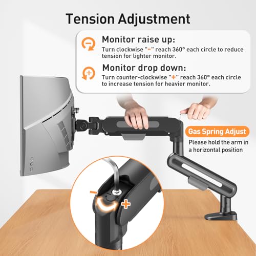 ELIVED Single Monitor Desk Mount for 13-34 inch Screens, Holds Max 12kg, Tilt Swivel Rotate, Height Adjustable Gas Spring Monitors Arm, VESA 75&100mm, C-clamp & Grommet Base, Silver Gray EV3235B-G - Image 8