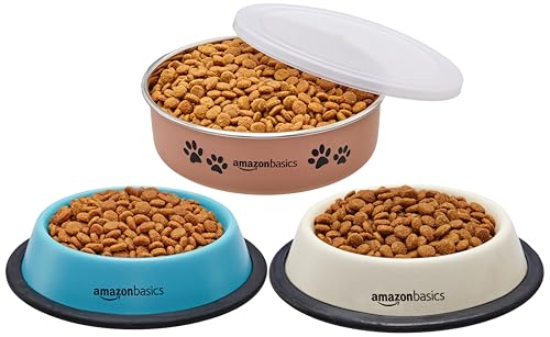 Image of Amazon Basics Stainless Steel Pet Feeding Bowls for Dog & Cats | Anti Slip Base | 3 Pcs Set of Bowl 230 ml Each with Canister 860 ml | Multi Colours and Printing