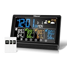 Geevon Weather Station Wireless Indoor Outdoor Thermometer 3 Sensors, Color Display Digital Temperature Humidity Monitor with Barometer, Calendar, USB Charge and Adjustable Backlight