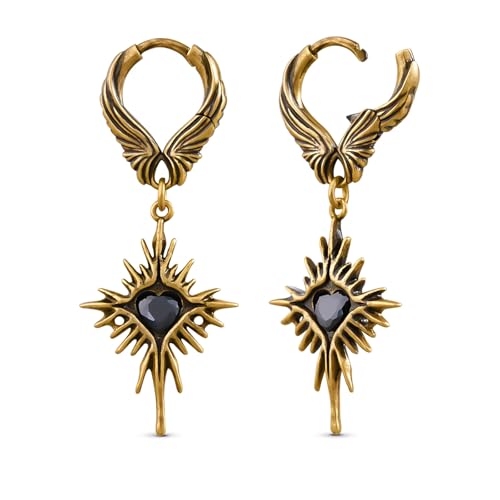 PUNKYOUTH Baroque Dangle Earrings for Women 18G 1mm Fleur-de-lis & Heartburst Wings Hoop Drop Designs Elegant Gothic Statement Jewelry for Emo Punk Streetwear & Halloween