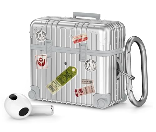Image of VISOOM Compatible With Airpods 3 Case, Cute Suitcase Design TPU Anti-Scratch Shell Shockproof Hard Protective Case for Airpods 3rd Gen with Keychain[Support Wireless Charging], Silver