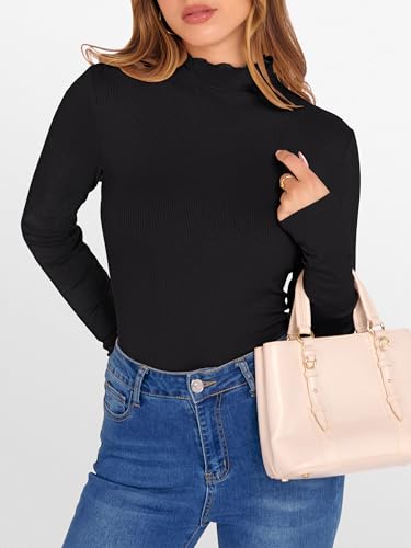 ANRABESS Women's Lettuce Trim Mock Neck Long Sleeve Tops 2025 Casual Dressy Ribbed Knit Slim Fit Tee Shirt Fall Layer Outfits3