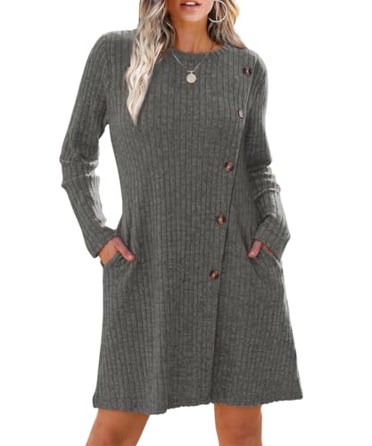 Yeenily Vestido Punto para Mujer Cuello Redondo Vestidos Suéter Elegante Vestido de Jersey Manga Larga A-Line Casual Túnica Vestidos para Otoño Invierno (Gris, S)