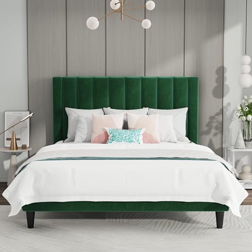 SHA CERLIN Queen Bed Frame/Velvet Upholstered Platform Bed Frame with Headboard/Strong Wood Slats Support/Mattress Foundation/No Box Spring Needed - Green