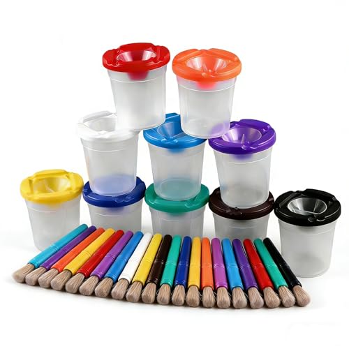 Vurixfo 30 Pcs Spill-Proof Paint Cups Set with Paint Brushes & Lids 10 Colors Art Paint Containers Suitable for Watercolor Acrylic Crafts & Painting Projects Art Supplies for Beginners