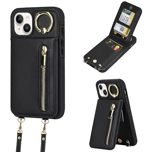 uCOLOR for iPhone 13/14/15 Wallet Case with Card Holders for Women, Crossbody Zipper Protective Leather Case with Strap Wrist Ring RFID Protective 6.1" (Black, iPhone 13/14/15 6.1")