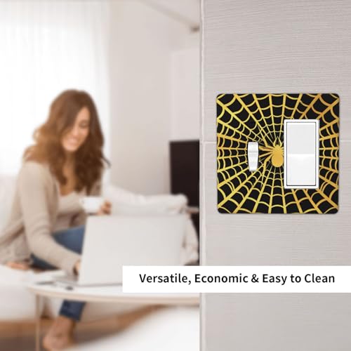 Decorative Outlet Covers Black Background with Golden Spiderweb Spider 2 Gang Outlet Cover Wall Plate Single Toggle Rocker Light Switch Cover Plate Switch Plate Covers