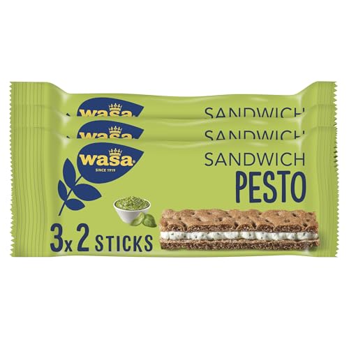 Wasa Knäckebrot Sandwich Pesto 3x37g (111g) I Knäckebrot-Snack aus Weizenmehl mit einer Füllung aus Käse und Basilikum-Pesto, perfekt für unterwegs