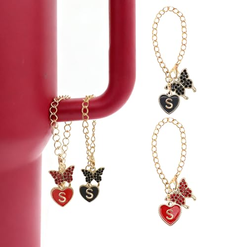 Qingonese 2PCS Black Red Rhinestones Letter Handle Charm for Stanley Cup-S