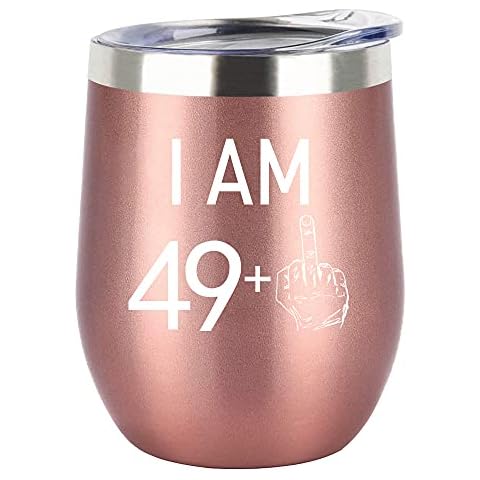 HDCOOL 50th Birthday Gifts for Women, Wine Tumbler 49 + 1 Middle Finger, 12oz Stainless Steel Vacuum Insulated Wine Glass with Lid, 50th Birthday Gifts for Her, Friends, Wife, Mom, Rose Gold Cover