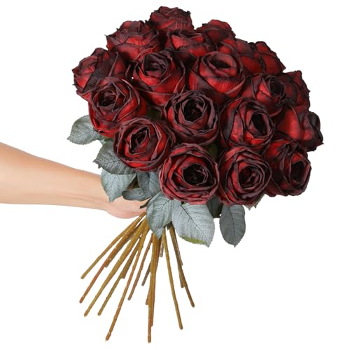Kisflower 10 rosas artificiales de color rojo, 20 pulgadas de alto, flores falsas de tallo largo, rosas de seda realistas para mesa, oficina, fiesta, boda, decoración del hogar (rojo burdeos, 10