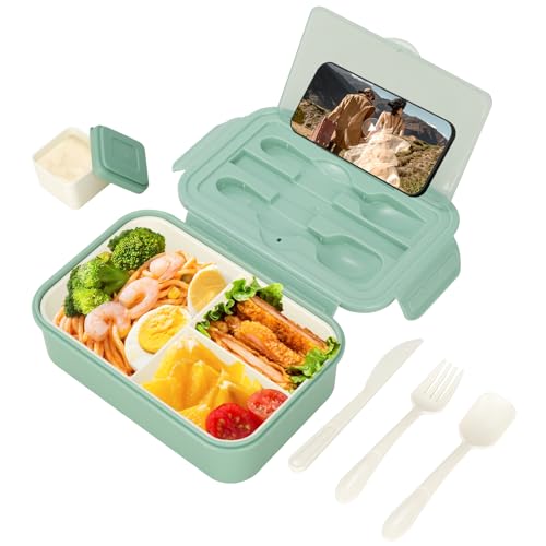 VINATO Boîte Bento Repas 1400ml, BPA Free & PP Alimentaire - Lunchbox Micro-Ondable avec Ustensiles, Boîte à Compartiments Premium pour Adulte et Enfant Vert