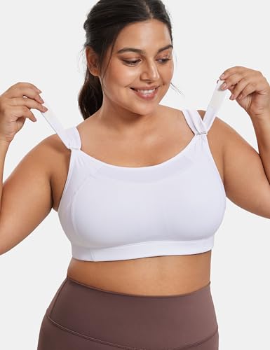 SYROKAN Front Adjustable Sports Bras for Women High Impact Wirefree Comfort No Bounce Support Workout Running Bra White 44DD