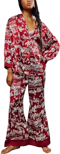 Image of LILTWIST Silk Satin Pajamas Set for Women 2 Piece Floral Pjs Wide Leg Lounge Pants Set Long Sleeve Button down Pj Shirts Set