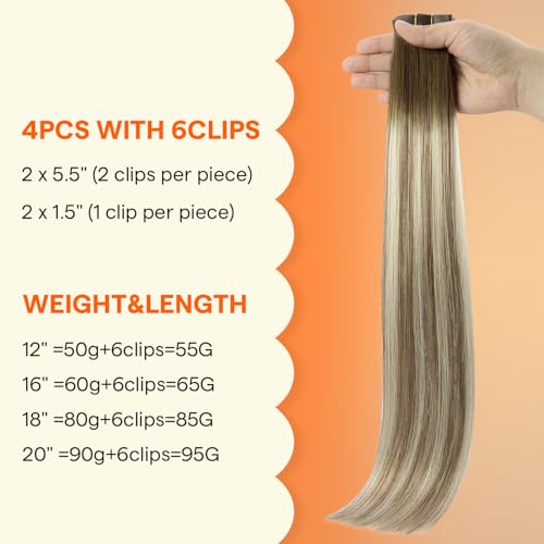 Image of Full Shine Human Hair Clip ins, Ash Brown with Medium Blonde | Real Human Hair, 16 Inch 65g 4 Pcs, Part Line Coverage, Smooth Straight, Weekend Events, Fine Hair, Easy Blend