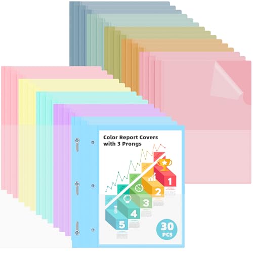 Image of HAUTOCO 30 Pack Report Covers with 3 Prong Fasteners 10 Colors Clear Front Plastic Folders Letter Size, Presentation Folder for Resumes Proposals and School Use, 100 Sheet Capacity